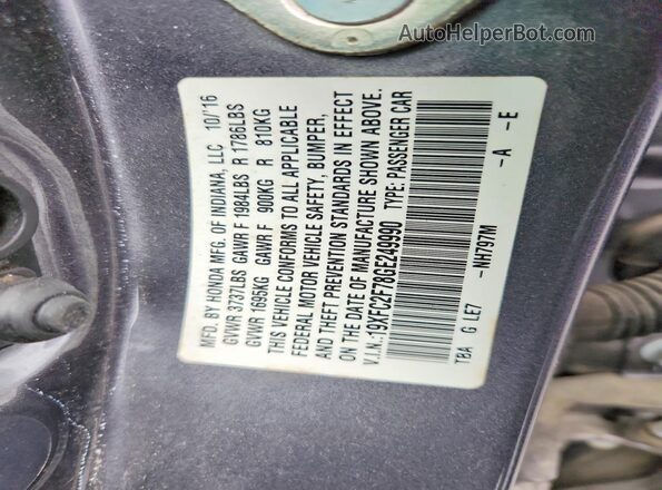 19XFC2F78GE249990 2016 HONDA CIVIC Gray Engine compartment view