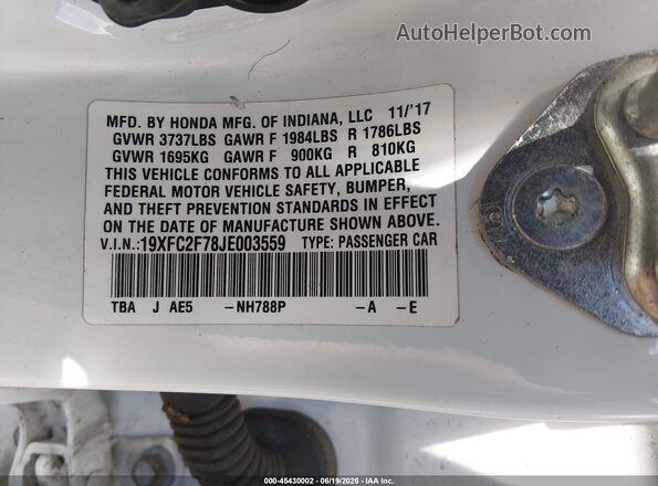 19XFC2F78JE003559 2018 HONDA CIVIC White Engine compartment view