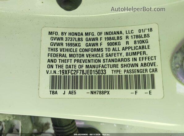 19XFC2F78JE015033 2018 HONDA CIVIC Белый Вид подкапотного пространства