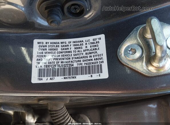 19XFC2F78JE022354 2018 HONDA CIVIC Gray Շարժիչի բաժամունքի տեսք