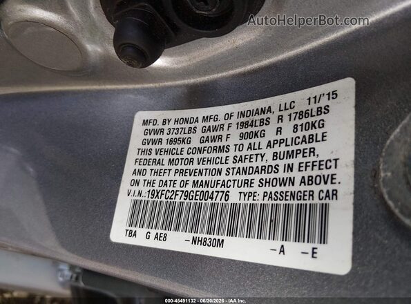 19XFC2F79GE004776 2016 HONDA CIVIC Silver Vista del compartimento del motor