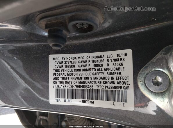 19XFC2F79HE003466 2017 HONDA CIVIC Gray ძრავის განყოფილების ხედი