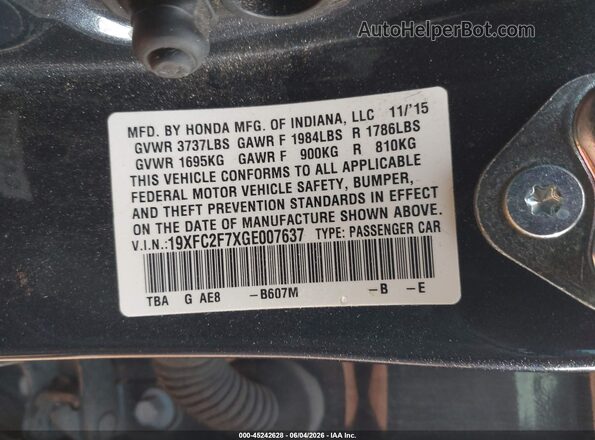 19XFC2F7XGE007637 2016 HONDA CIVIC Gray Շարժիչի բաժամունքի տեսք