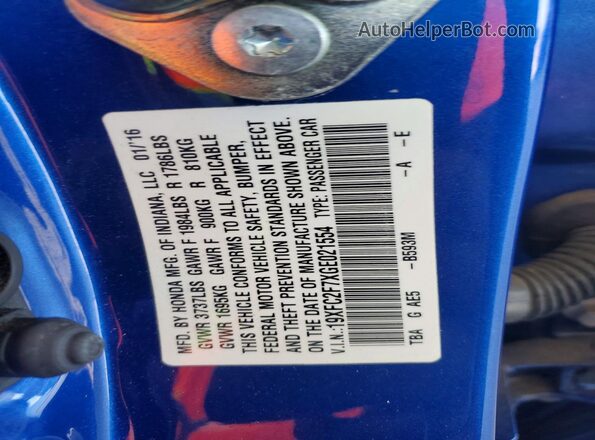 19XFC2F7XGE021554 2016 HONDA CIVIC Blue 