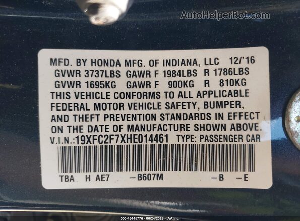 19XFC2F7XHE014461 2017 HONDA CIVIC Blue Вид підкапотного простору