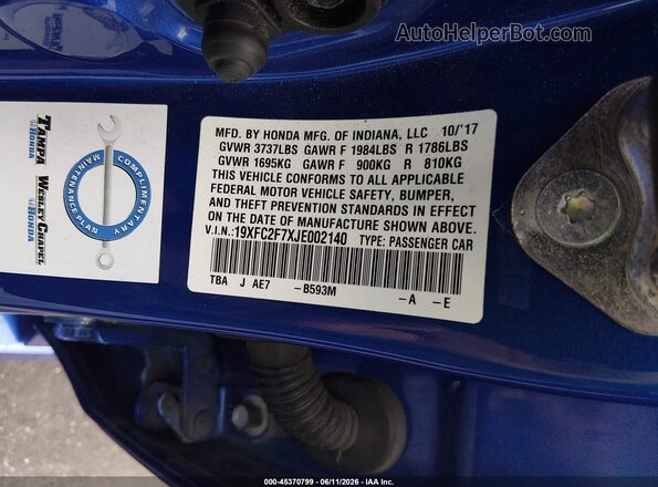 19XFC2F7XJE002140 2018 HONDA CIVIC Blue Widok komory silnika