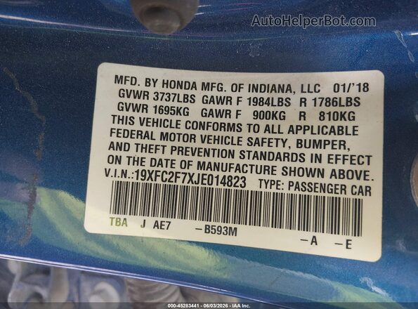 19XFC2F7XJE014823 2018 HONDA CIVIC Blue Widok komory silnika