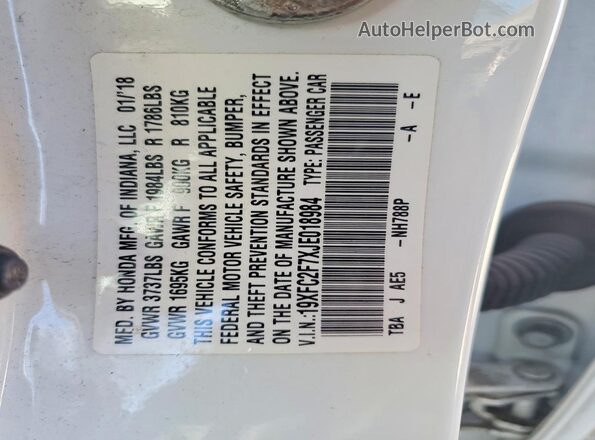 19XFC2F7XJE018984 2018 HONDA CIVIC White Vista de la etiqueta del VIN