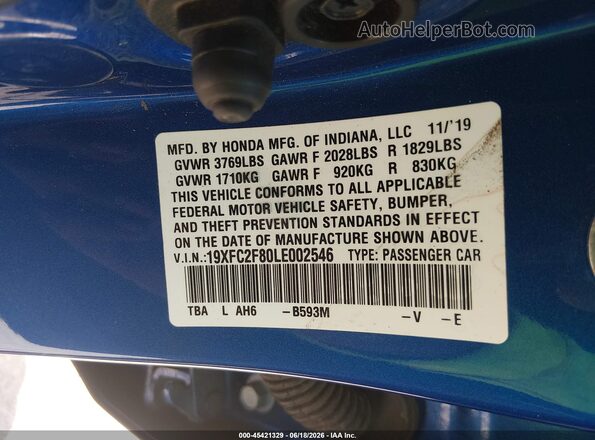 19XFC2F80LE002546 2020 HONDA CIVIC Dark Blue Engine compartment view