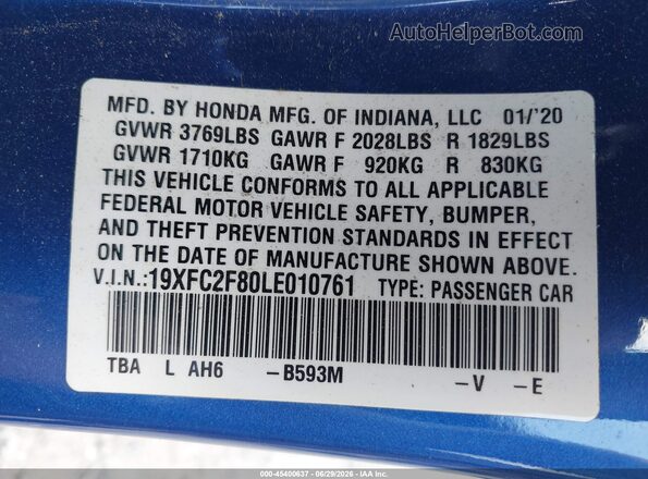 19XFC2F80LE010761 2020 HONDA CIVIC Синий Вид подкапотного пространства