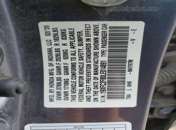 19XFC2F80LE014891 2020 HONDA CIVIC Gray Engine compartment view