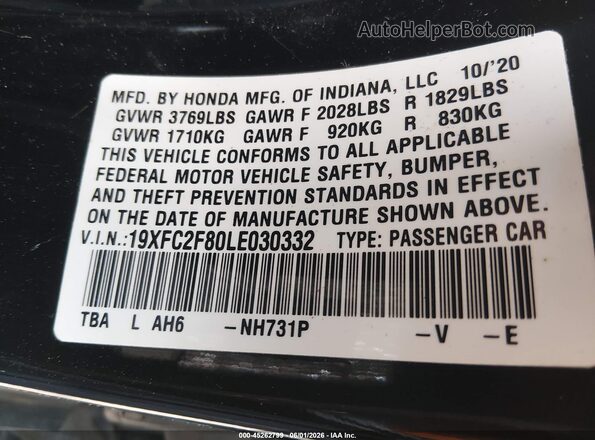 19XFC2F80LE030332 2020 HONDA CIVIC Black Vista del compartimento del motor