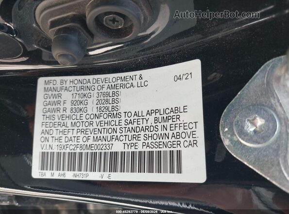 19XFC2F80ME002337 2021 HONDA CIVIC Black ძრავის განყოფილების ხედი