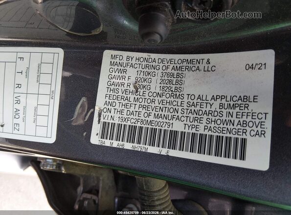 19XFC2F80ME002791 2021 HONDA CIVIC Gray Շարժիչի բաժամունքի տեսք