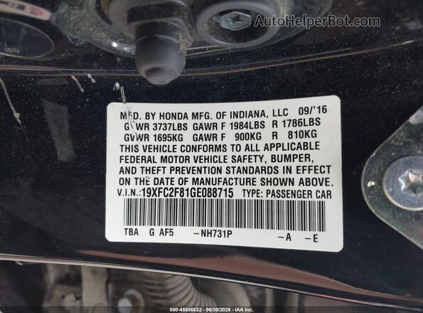 19XFC2F81GE088715 2016 HONDA CIVIC Black Engine compartment view
