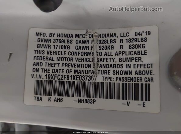 19XFC2F81KE037367 2019 HONDA CIVIC White Շարժիչի բաժամունքի տեսք