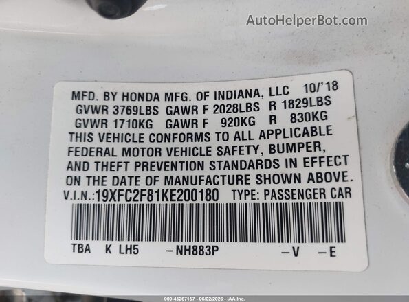 19XFC2F81KE200180 2019 HONDA CIVIC White Շարժիչի բաժամունքի տեսք