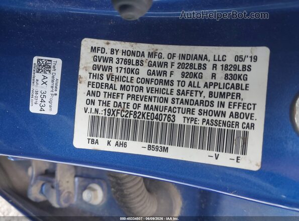 19XFC2F82KE040763 2019 HONDA CIVIC Синий Вид подкапотного пространства