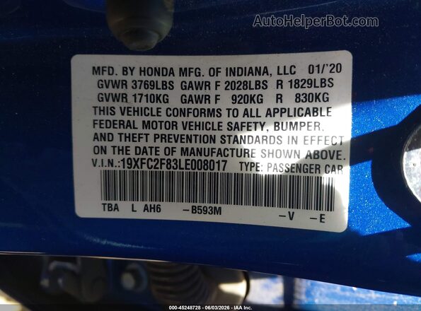 19XFC2F83LE008017 2020 HONDA CIVIC Blue Вид підкапотного простору