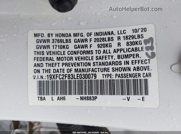 19XFC2F83LE030079 2020 HONDA CIVIC White Вид підкапотного простору
