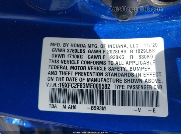 19XFC2F83ME000582 2021 HONDA CIVIC Blue Շարժիչի բաժամունքի տեսք