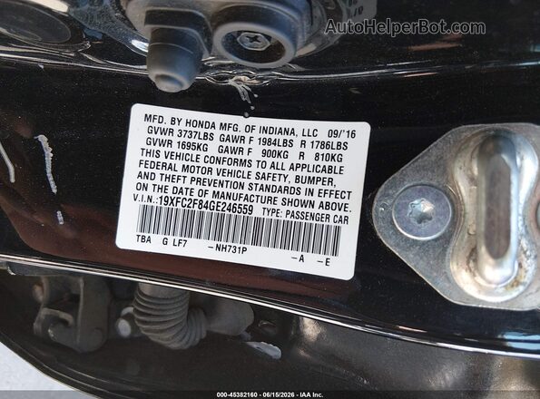 19XFC2F84GE246559 2016 HONDA CIVIC Black Widok komory silnika