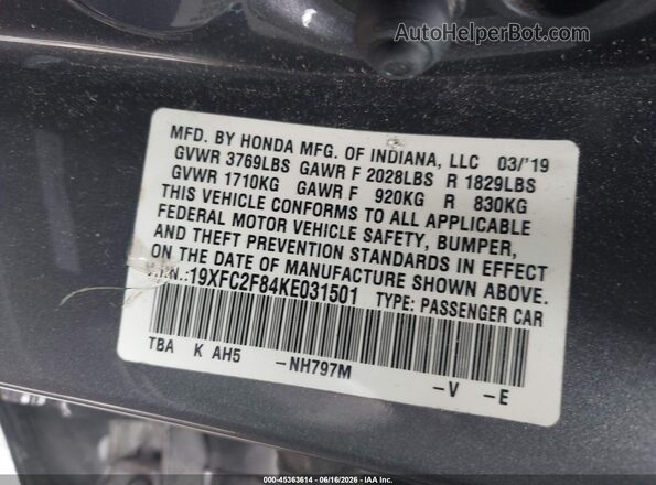 19XFC2F84KE031501 2019 HONDA CIVIC Gray Widok komory silnika
