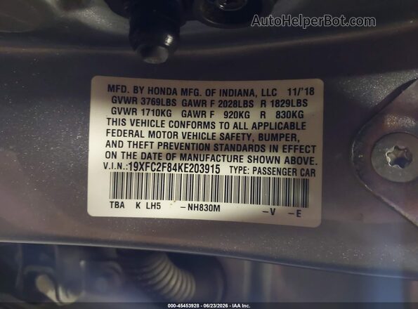19XFC2F84KE203915 2019 HONDA CIVIC Серебряный Вид подкапотного пространства
