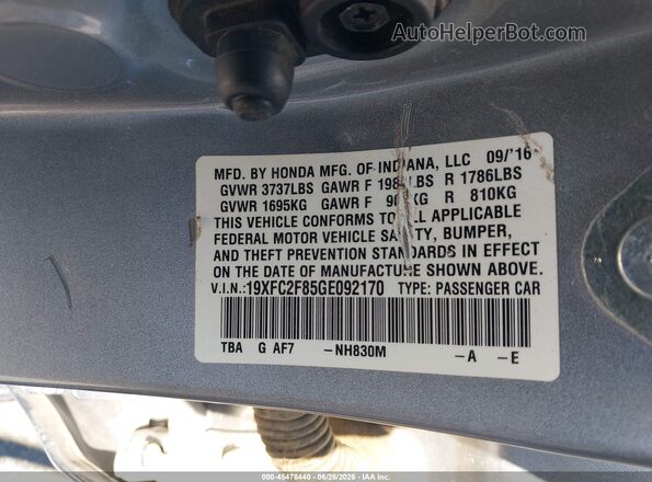 19XFC2F85GE092170 2016 HONDA CIVIC Silver Շարժիչի բաժամունքի տեսք