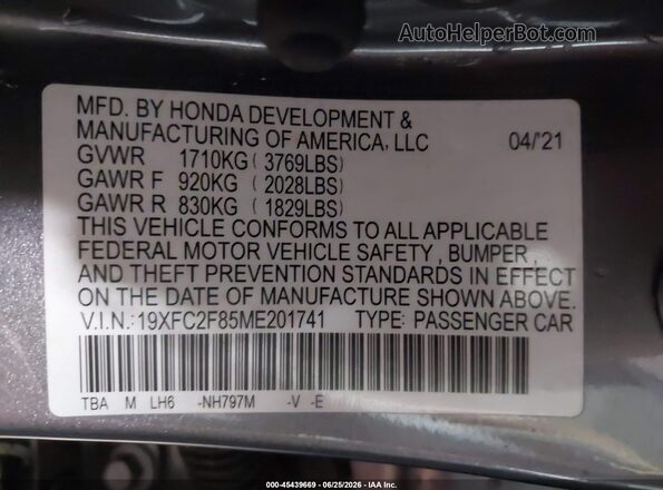 19XFC2F85ME201741 2021 HONDA CIVIC Gray Widok komory silnika