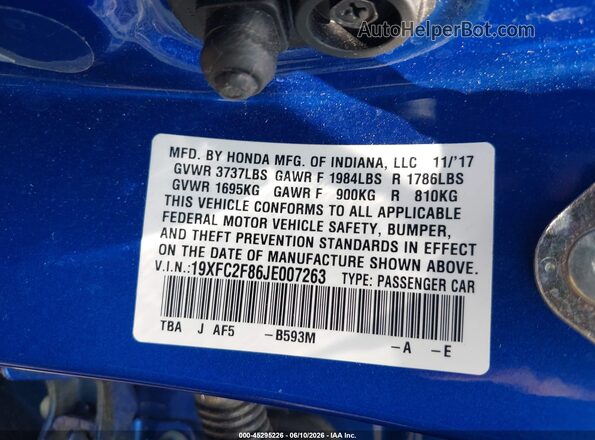 19XFC2F86JE007263 2018 HONDA CIVIC Blue Engine compartment view
