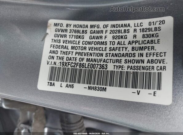 19XFC2F86LE007363 2020 HONDA CIVIC Silver Vista del compartimento del motor