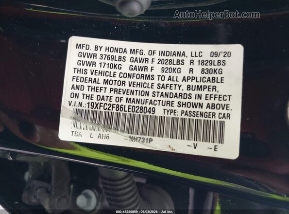 19XFC2F86LE028049 2020 HONDA CIVIC Черный Вид подкапотного пространства