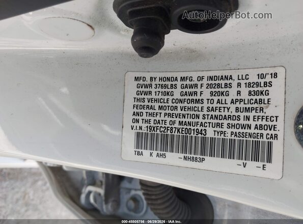 19XFC2F87KE001943 2019 HONDA CIVIC White Engine compartment view