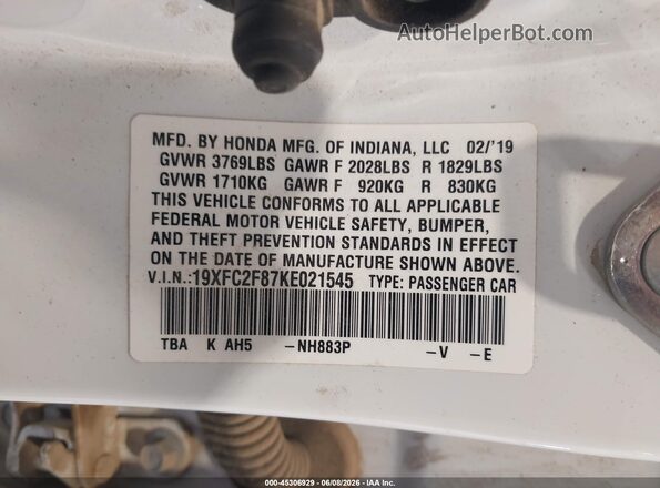 19XFC2F87KE021545 2019 HONDA CIVIC White Вид підкапотного простору
