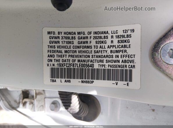 19XFC2F87LE005640 2020 HONDA CIVIC White Vista del compartimento del motor