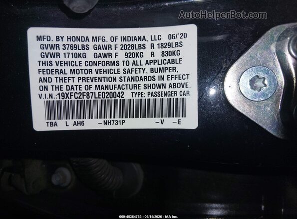 19XFC2F87LE020042 2020 HONDA CIVIC Black ძრავის განყოფილების ხედი
