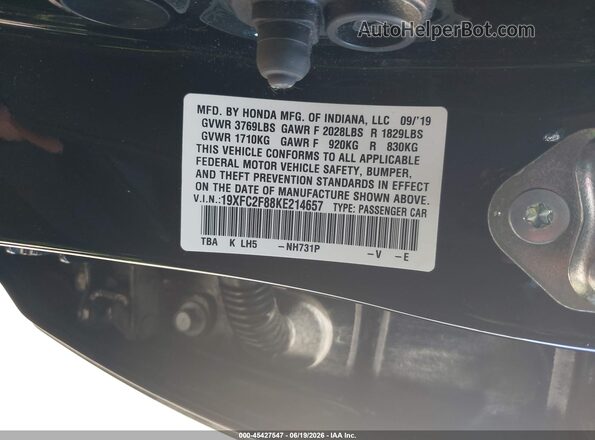 19XFC2F88KE214657 2019 HONDA CIVIC Black Вид підкапотного простору