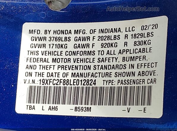 19XFC2F88LE012824 2020 HONDA CIVIC Blue Engine compartment view