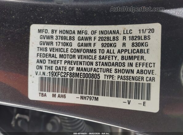 19XFC2F88ME000805 2021 HONDA CIVIC Gray Vista del compartimento del motor