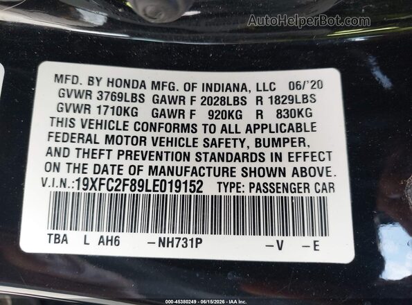 19XFC2F89LE019152 2020 HONDA CIVIC Black Widok komory silnika