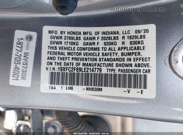19XFC2F89LE214779 2020 HONDA CIVIC Silver Вид підкапотного простору