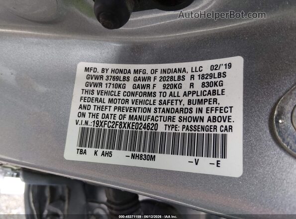 19XFC2F8XKE024620 2019 HONDA CIVIC Silver Widok komory silnika
