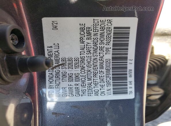 19XFC2F8XME003253 2021 HONDA CIVIC Gray Շարժիչի բաժամունքի տեսք