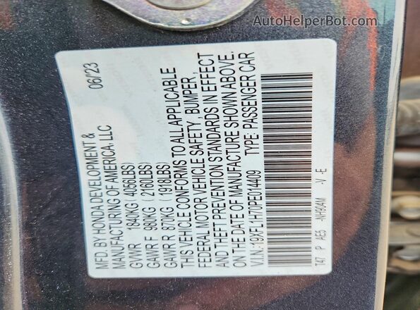 19XFL1H70PE014409 2023 HONDA CIVIC Gray VIN կոդի պիտակի տեսք