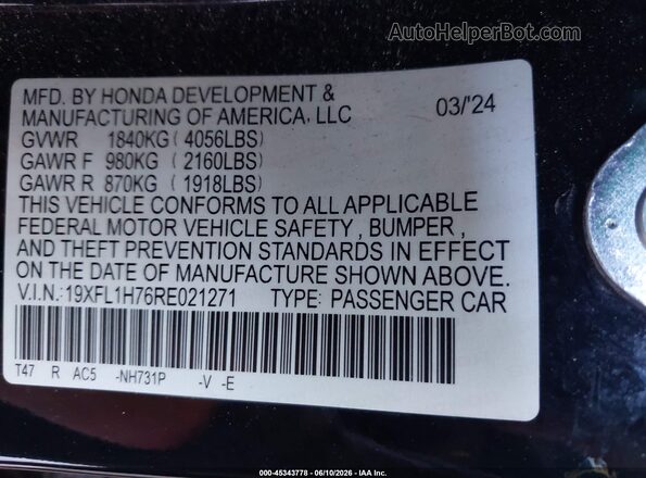 19XFL1H76RE021271 2024 HONDA CIVIC Black Widok komory silnika