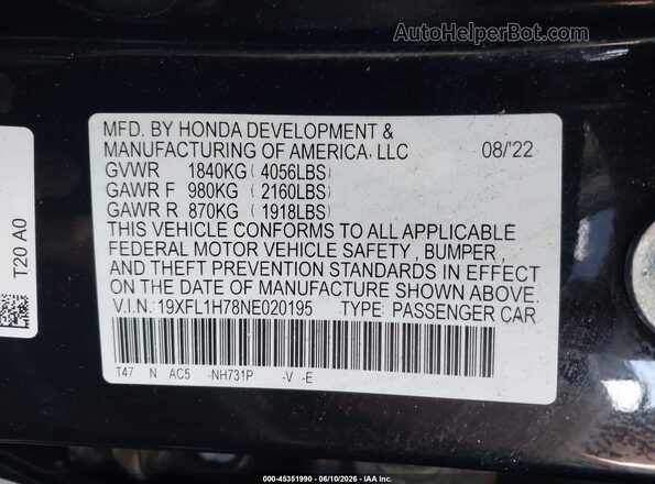 19XFL1H78NE020195 2022 HONDA CIVIC Black Շարժիչի բաժամունքի տեսք
