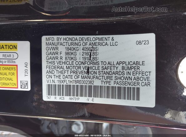 19XFL1H78RE002382 2024 HONDA CIVIC Black Շարժիչի բաժամունքի տեսք