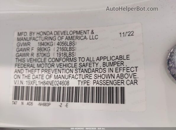 19XFL1H84NE024608 2022 HONDA CIVIC White Vista del compartimento del motor