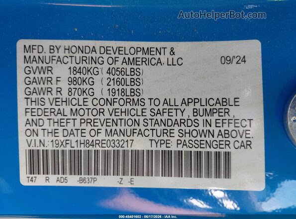 19XFL1H84RE033217 2024 HONDA CIVIC Blue Widok komory silnika